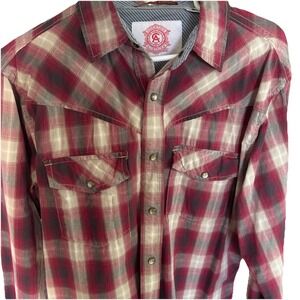 Christian Audigier Shirt Men Large Red Gray Plaid Pearl Snap Western 100% Cotton